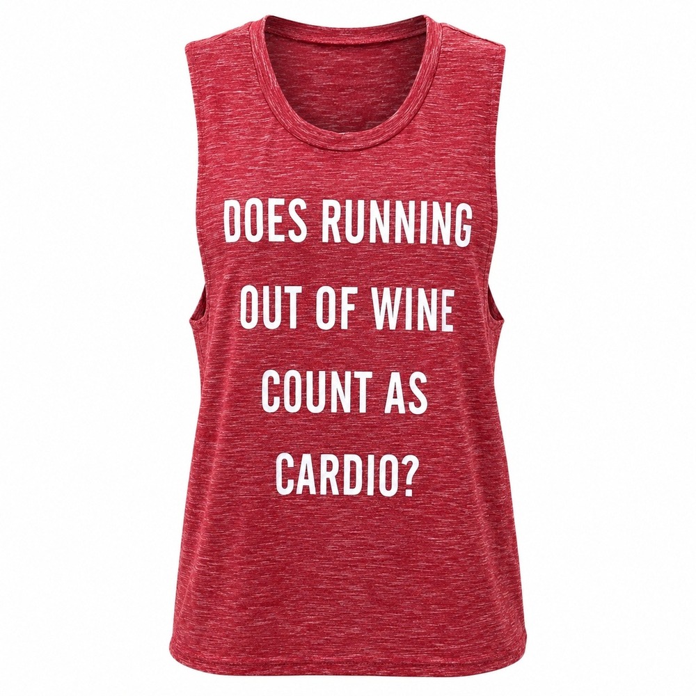 Womens XL Heather Red Funny Wine Cardio Graphic Muscle Tank Top Sleeveless Shirt